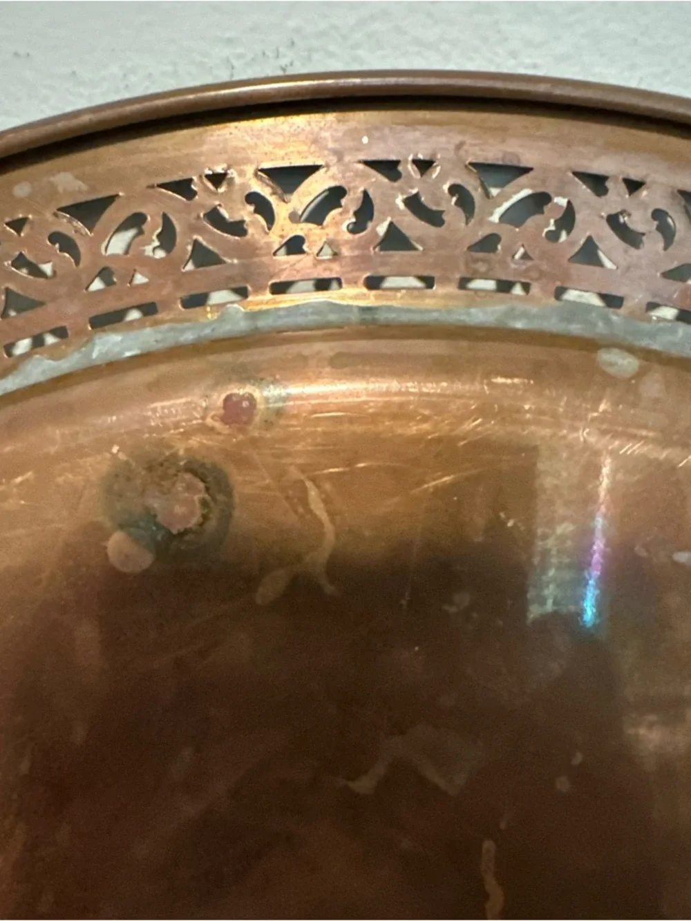 Vintage solid copper tray reticulated border 14”D